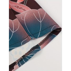 Camisa Com Botão Estampado De Lótus, Camisa De Praia Com Gola De Manga Curta Para Férias, Roupas Femininas