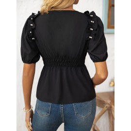 Nova blusa elegante de manga curta com enfeites de contas e bordas franzidas para mulheres, adequada para todas as estações.