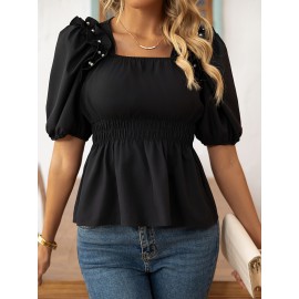 Nova blusa elegante de manga curta com enfeites de contas e bordas franzidas para mulheres, adequada para todas as estações.