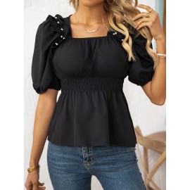 Nova blusa elegante de manga curta com enfeites de contas e bordas franzidas para mulheres, adequada para todas as estações.