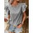 Blusa de manga com folhos listrada para mulheres - Decote redondo casual, camisa de verão leve em poliéster para mulheres, perfeita para férias ou atitudes casuais, moda de verão | Padrão listrado | Textura