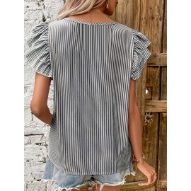 Blusa de manga com folhos listrada para mulheres - Decote redondo casual, camisa de verão leve em poliéster para mulheres, perfeita para férias ou atitudes casuais, moda de verão | Padrão listrado | Textura