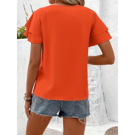 Blusa Feminina Elegante Coleção Especial Manga Renda Laranja Vibrante - Top de Gola Redonda Manga Curta, Corte Regular para Looks Casuais e Formais, Moda Verão, Tecido Opaco, Ideal para Atividades ao Ar Livre
