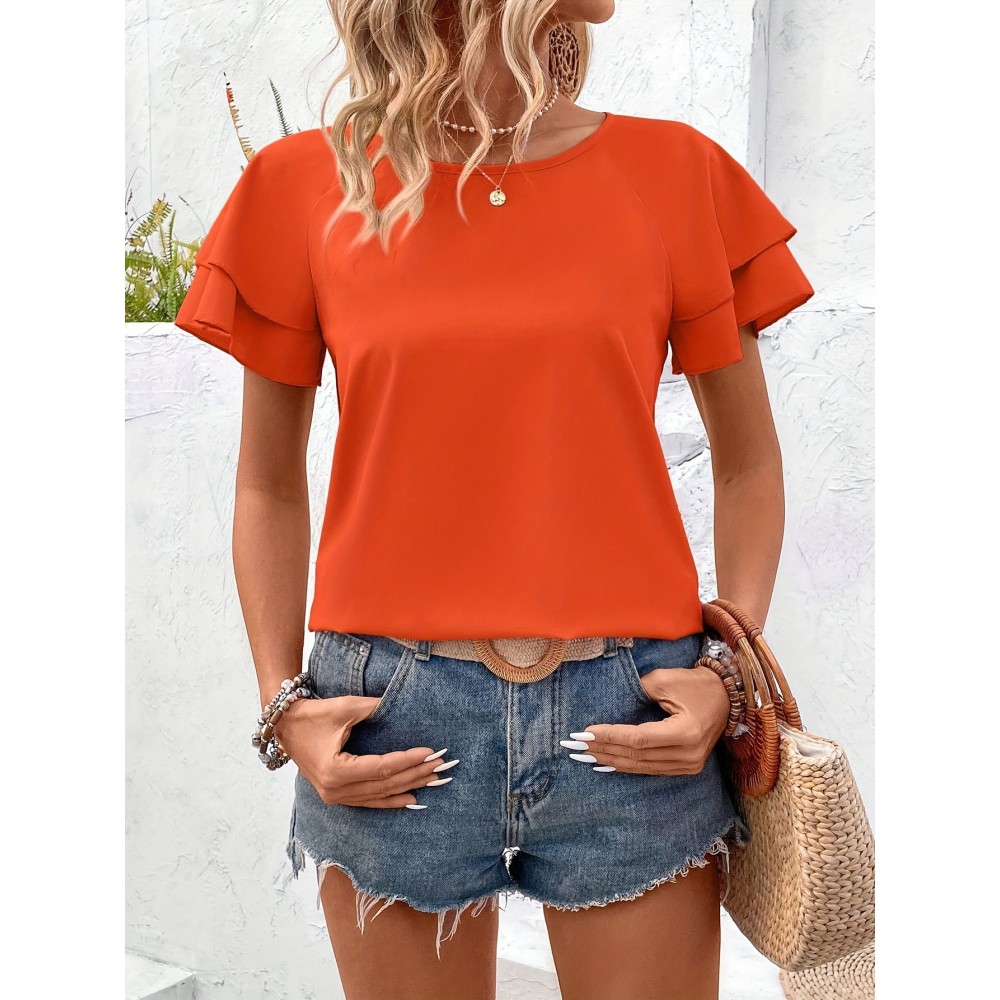 Blusa Feminina Elegante Coleção Especial Manga Renda Laranja Vibrante - Top de Gola Redonda Manga Curta, Corte Regular para Looks Casuais e Formais, Moda Verão, Tecido Opaco, Ideal para Atividades ao Ar Livre