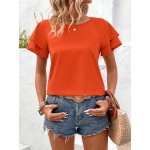 Blusa Feminina Elegante Coleção Especial Manga Renda Laranja Vibrante - Top de Gola Redonda Manga Curta, Corte Regular para Looks Casuais e Formais, Moda Verão, Tecido Opaco, Ideal para Atividades ao Ar Livre