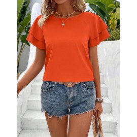Blusa Feminina Elegante Coleção Especial Manga Renda Laranja Vibrante - Top de Gola Redonda Manga Curta, Corte Regular para Looks Casuais e Formais, Moda Verão, Tecido Opaco, Ideal para Atividades ao Ar Livre