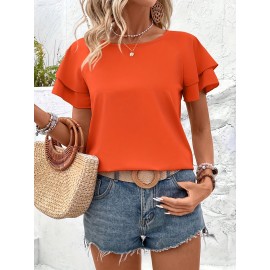Blusa Feminina Elegante Coleção Especial Manga Renda Laranja Vibrante - Top de Gola Redonda Manga Curta, Corte Regular para Looks Casuais e Formais, Moda Verão, Tecido Opaco, Ideal para Atividades ao Ar Livre