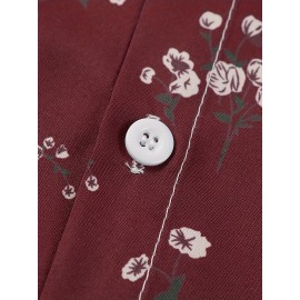 Blusa Casual Feminina de Manga Curta - Estampa Floral Vermelha e Branca, Poliéster Leve, Caimento Relaxado para Férias na Praia & Looks Casuais | Roupas de Primavera/Verão, Moda Verão, Estilo Ombro a Descoberto, Tecido Não Transparente