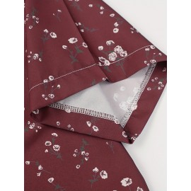 Blusa Casual Feminina de Manga Curta - Estampa Floral Vermelha e Branca, Poliéster Leve, Caimento Relaxado para Férias na Praia & Looks Casuais | Roupas de Primavera/Verão, Moda Verão, Estilo Ombro a Descoberto, Tecido Não Transparente