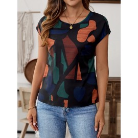 Camisa Casual Feminina com Estampa Geométrica e Mangas Morcego - Design Color Block Vibrante, Gola Redonda, Manga Curta, Lavável na Máquina, Corte Regular para Todas as Estações, Moda do Dia a Dia, Tecido Leve