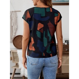 Camisa Casual Feminina com Estampa Geométrica e Mangas Morcego - Design Color Block Vibrante, Gola Redonda, Manga Curta, Lavável na Máquina, Corte Regular para Todas as Estações, Moda do Dia a Dia, Tecido Leve