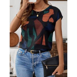 Camisa Casual Feminina com Estampa Geométrica e Mangas Morcego - Design Color Block Vibrante, Gola Redonda, Manga Curta, Lavável na Máquina, Corte Regular para Todas as Estações, Moda do Dia a Dia, Tecido Leve