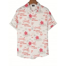 Camisa Havaiana Casual Feminina de Manga Curta - Top Leve de Poliéster para Férias na Praia com Estampa de Estrelas, Corações & Texto Inspirador, Gola Clássica, Tecido Não Transparente para Primavera/Verão, Design Divertido e Opaco