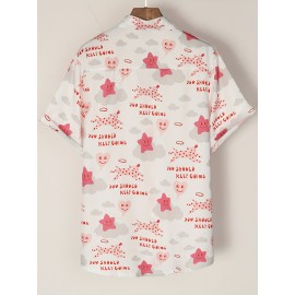 Camisa Havaiana Casual Feminina de Manga Curta - Top Leve de Poliéster para Férias na Praia com Estampa de Estrelas, Corações & Texto Inspirador, Gola Clássica, Tecido Não Transparente para Primavera/Verão, Design Divertido e Opaco