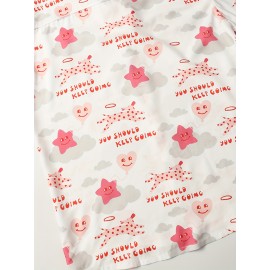 Camisa Havaiana Casual Feminina de Manga Curta - Top Leve de Poliéster para Férias na Praia com Estampa de Estrelas, Corações & Texto Inspirador, Gola Clássica, Tecido Não Transparente para Primavera/Verão, Design Divertido e Opaco