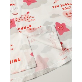 Camisa Havaiana Casual Feminina de Manga Curta - Top Leve de Poliéster para Férias na Praia com Estampa de Estrelas, Corações & Texto Inspirador, Gola Clássica, Tecido Não Transparente para Primavera/Verão, Design Divertido e Opaco