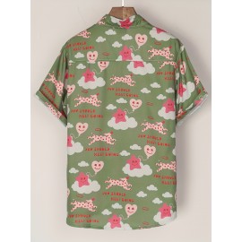 Camisa Havaiana Casual Feminina de Manga Curta - Top Leve de Poliéster para Férias na Praia com Estampa de Estrelas, Corações & Texto Inspirador, Gola Clássica, Tecido Não Transparente para Primavera/Verão, Design Divertido e Opaco