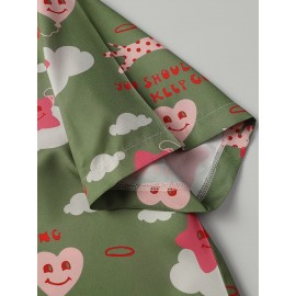 Camisa Havaiana Casual Feminina de Manga Curta - Top Leve de Poliéster para Férias na Praia com Estampa de Estrelas, Corações & Texto Inspirador, Gola Clássica, Tecido Não Transparente para Primavera/Verão, Design Divertido e Opaco