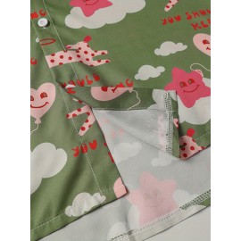 Camisa Havaiana Casual Feminina de Manga Curta - Top Leve de Poliéster para Férias na Praia com Estampa de Estrelas, Corações & Texto Inspirador, Gola Clássica, Tecido Não Transparente para Primavera/Verão, Design Divertido e Opaco