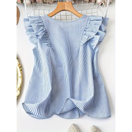 Blusa elegante de manga V com listras verticais azul claro e branco, estilo de camisa, perfeita para férias de primavera/verão