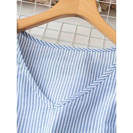 Blusa elegante de manga V com listras verticais azul claro e branco, estilo de camisa, perfeita para férias de primavera/verão