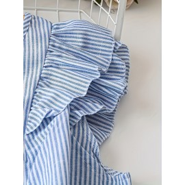 Blusa elegante de manga V com listras verticais azul claro e branco, estilo de camisa, perfeita para férias de primavera/verão