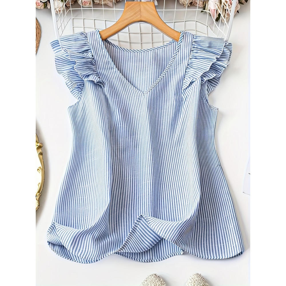 Blusa elegante de manga V com listras verticais azul claro e branco, estilo de camisa, perfeita para férias de primavera/verão