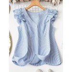 Blusa elegante de manga V com listras verticais azul claro e branco, estilo de camisa, perfeita para férias de primavera/verão
