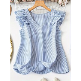 Blusa elegante de manga V com listras verticais azul claro e branco, estilo de camisa, perfeita para férias de primavera/verão