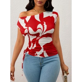 T-shirt elegante e versátil com ombros inclinados e gola para mulheres