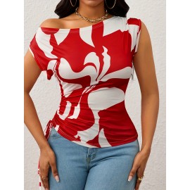 T-shirt elegante e versátil com ombros inclinados e gola para mulheres