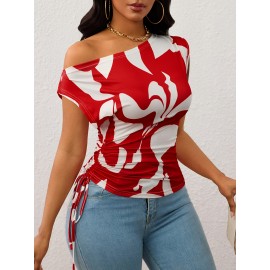 T-shirt elegante e versátil com ombros inclinados e gola para mulheres
