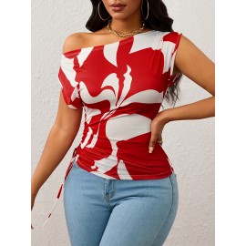T-shirt elegante e versátil com ombros inclinados e gola para mulheres
