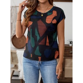 Camisa de manga curta estampada geométrica para mulheres, Blusa de gola redonda de poliéster 100% com detalhes de babado, Top de manga de morcego estilo feriado para adulto