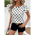 Blusa Casual Feminina de Verão com Bolinhas - Tecido Leve Dupla Camada, Mangas Curtas Com Babados e Gola Redonda, Lavável à Máquina para Looks Primavera/Verão, Estilo Ombro a Descoberto, Tecido Femenino