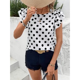 Blusa Casual Feminina de Verão com Bolinhas - Tecido Leve Dupla Camada, Mangas Curtas Com Babados e Gola Redonda, Lavável à Máquina para Looks Primavera/Verão, Estilo Ombro a Descoberto, Tecido Femenino