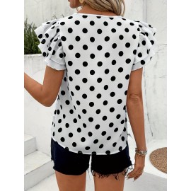 Blusa Casual Feminina de Verão com Bolinhas - Tecido Leve Dupla Camada, Mangas Curtas Com Babados e Gola Redonda, Lavável à Máquina para Looks Primavera/Verão, Estilo Ombro a Descoberto, Tecido Femenino
