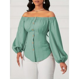 Camisa de manga comprida, sólida, com botões, de um ombro, plissada e versátil, para mulheres