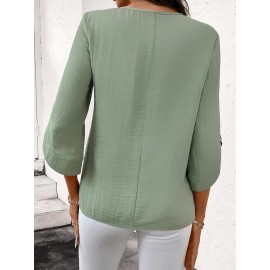 Blusa Casual Feminina de Manga Curta com Gola Redonda - Verde Menta 100% Poliéster, Lavável à Máquina com Botões Decorativos, Caimento Regular para Primavera Verão Outono, Coleção Elegante