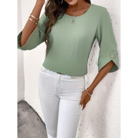 Blusa Casual Feminina de Manga Curta com Gola Redonda - Verde Menta 100% Poliéster, Lavável à Máquina com Botões Decorativos, Caimento Regular para Primavera Verão Outono, Coleção Elegante