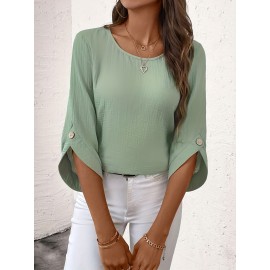 Blusa Casual Feminina de Manga Curta com Gola Redonda - Verde Menta 100% Poliéster, Lavável à Máquina com Botões Decorativos, Caimento Regular para Primavera Verão Outono, Coleção Elegante