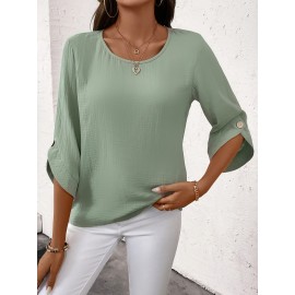 Blusa Casual Feminina de Manga Curta com Gola Redonda - Verde Menta 100% Poliéster, Lavável à Máquina com Botões Decorativos, Caimento Regular para Primavera Verão Outono, Coleção Elegante