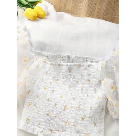 Blusa de manga curta com estampa floral franzida e decote quadrado para mulheres, em poliéster, para férias, atividades ao ar livre, festas, trabalho e uso casual.