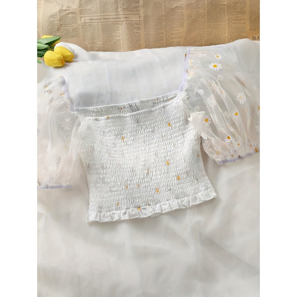 Blusa de manga curta com estampa floral franzida e decote quadrado para mulheres, em poliéster, para férias, atividades ao ar livre, festas, trabalho e uso casual.