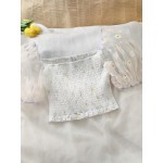 Blusa de manga curta com estampa floral franzida e decote quadrado para mulheres, em poliéster, para férias, atividades ao ar livre, festas, trabalho e uso casual.