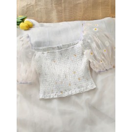 Blusa de manga curta com estampa floral franzida e decote quadrado para mulheres, em poliéster, para férias, atividades ao ar livre, festas, trabalho e uso casual.
