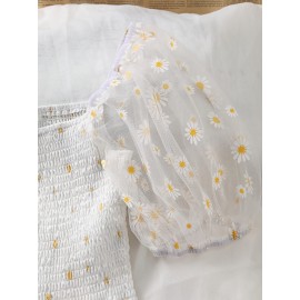 Blusa de manga curta com estampa floral franzida e decote quadrado para mulheres, em poliéster, para férias, atividades ao ar livre, festas, trabalho e uso casual.