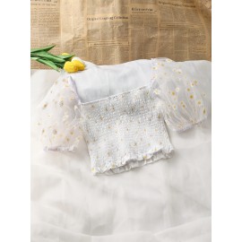 Blusa de manga curta com estampa floral franzida e decote quadrado para mulheres, em poliéster, para férias, atividades ao ar livre, festas, trabalho e uso casual.