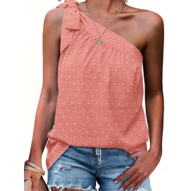 Top de ombro único com laço de moda feminina, solto, com renda e crochê, sem mangas, adequado para festas de verão e encontros.