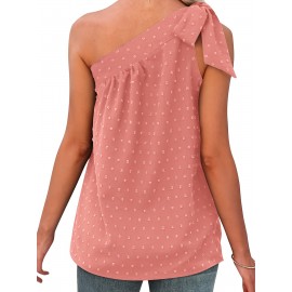Top de ombro único com laço de moda feminina, solto, com renda e crochê, sem mangas, adequado para festas de verão e encontros.